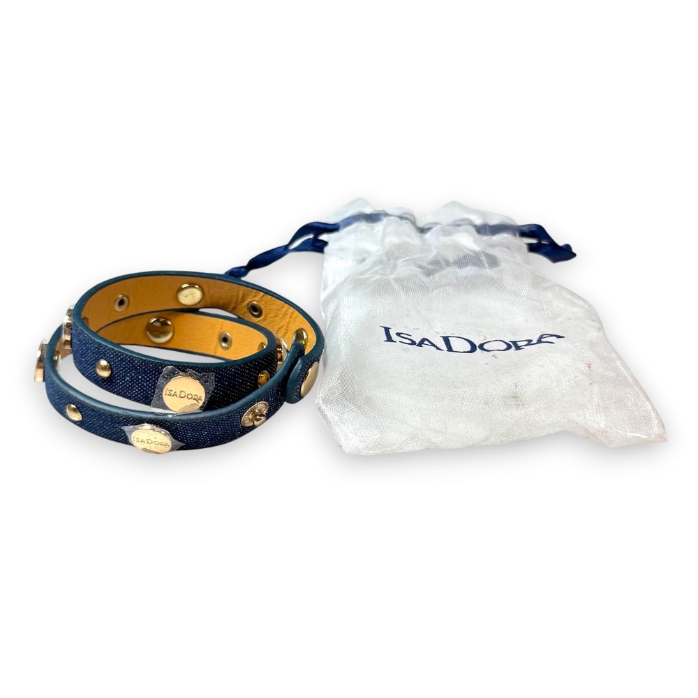 ISADORA Double Wrap Denim  Blue Stud Bracelet Gold Logo Adjustable